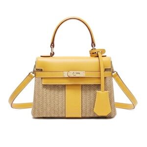 Chic Straw & Yellow Vegan Leather Mini Top Handle Crossbody Bag